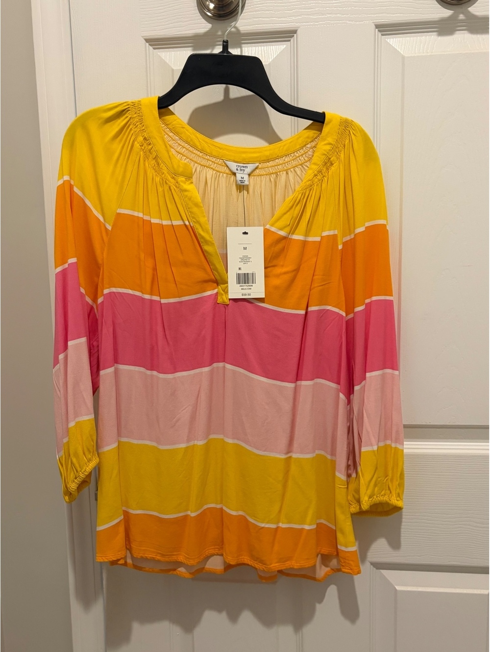 Crown & Ivy NWT Yellow pink striped long sleeve blouse - M